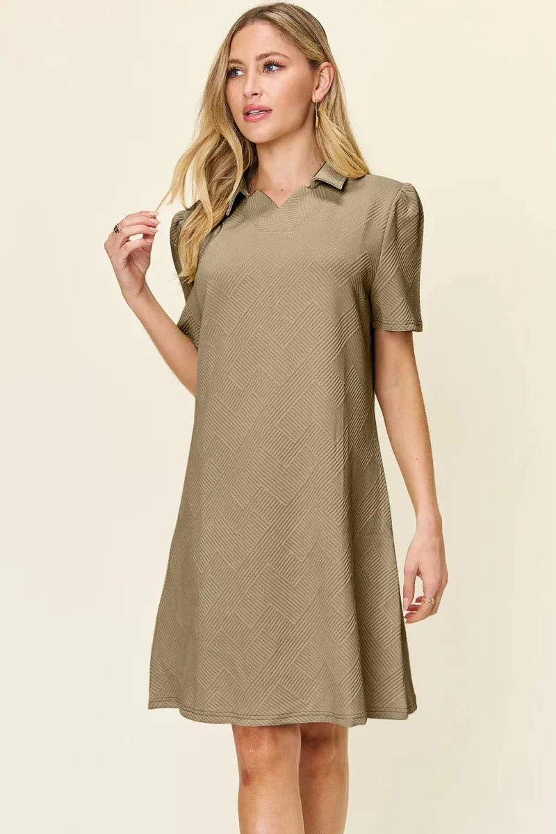 Textured Collared Neck Short Sleeve Mini Dress - Button Up A-Line Women's Casual