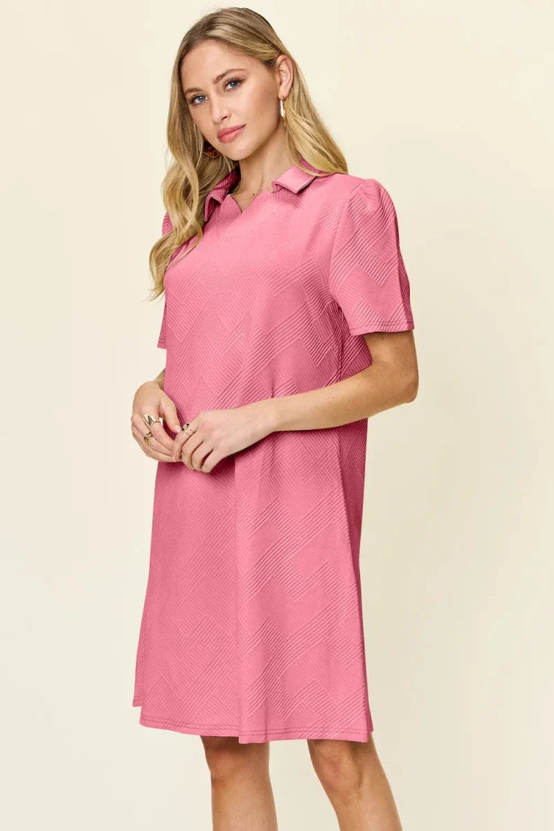 Textured Collared Neck Short Sleeve Mini Dress - Button Up A-Line Women's Casual