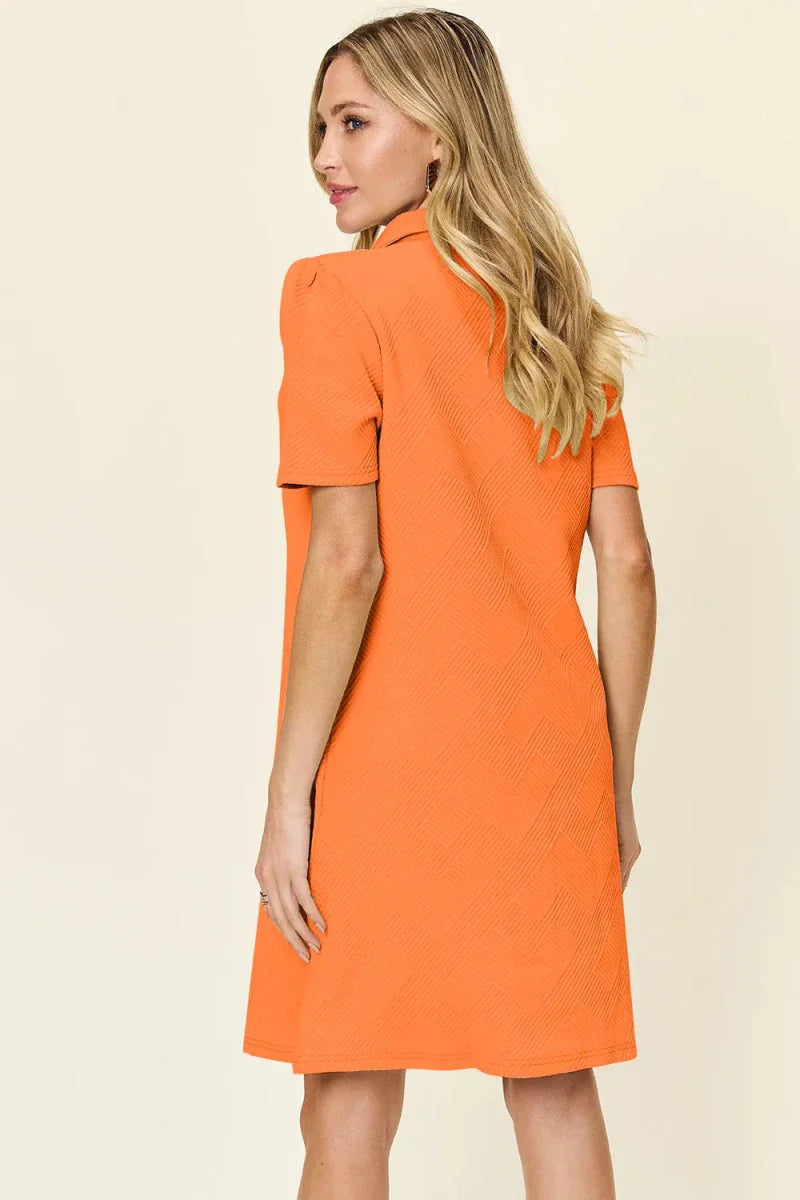 Textured Collared Neck Short Sleeve Mini Dress - Button Up A-Line Women's Casual