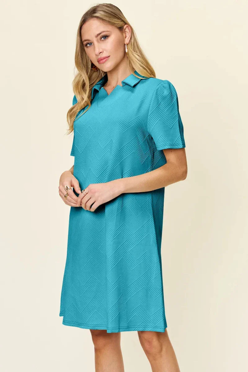 Textured Collared Neck Short Sleeve Mini Dress - Button Up A-Line Women's Casual