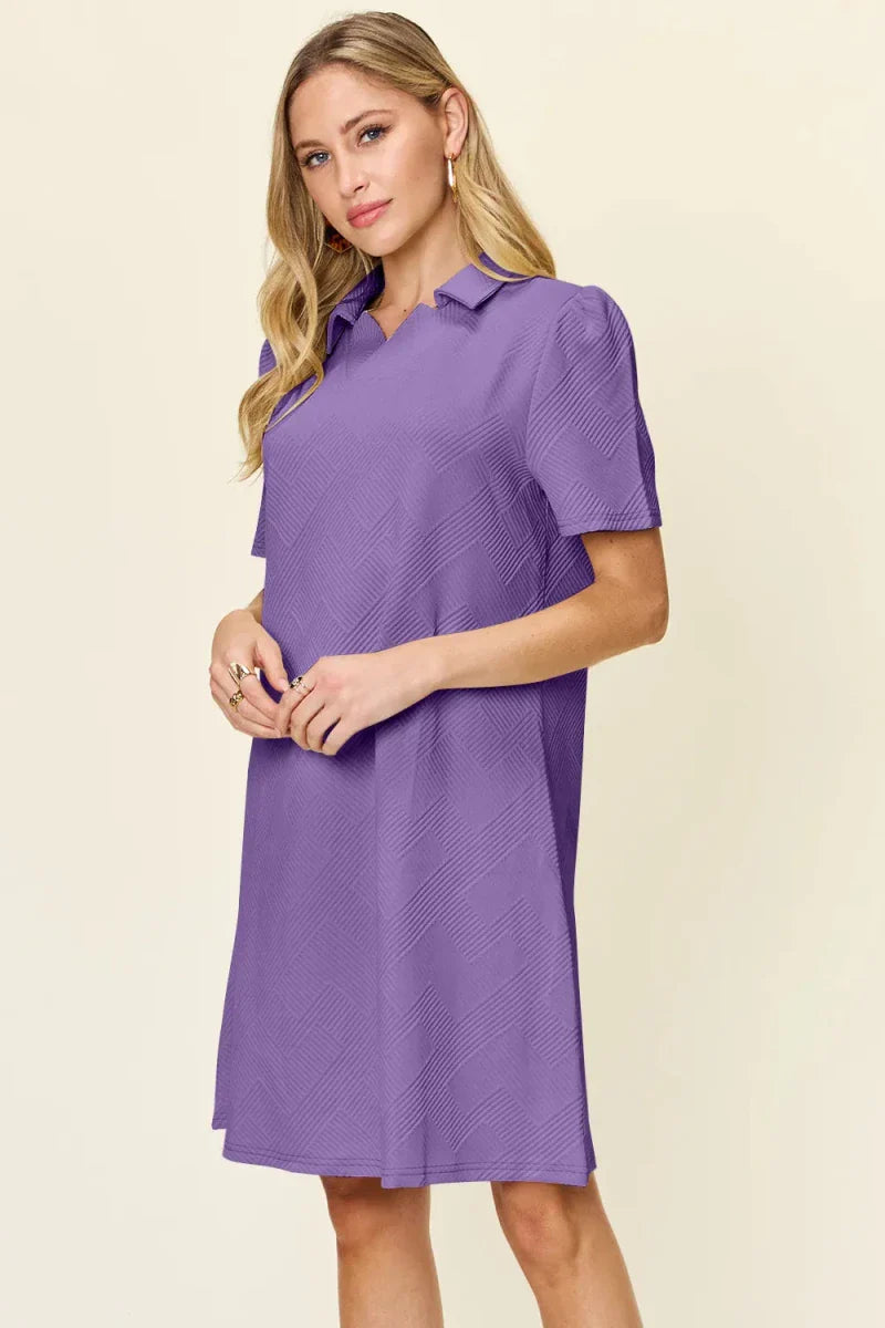Textured Collared Neck Short Sleeve Mini Dress - Button Up A-Line Women's Casual