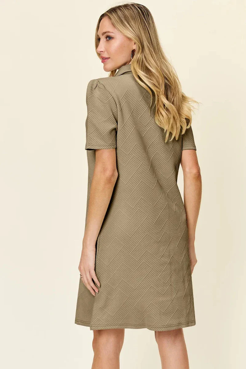 Textured Collared Neck Short Sleeve Mini Dress - Button Up A-Line Women's Casual