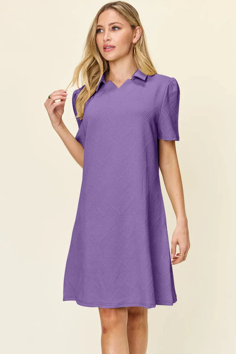 Textured Collared Neck Short Sleeve Mini Dress - Button Up A-Line Women's Casual