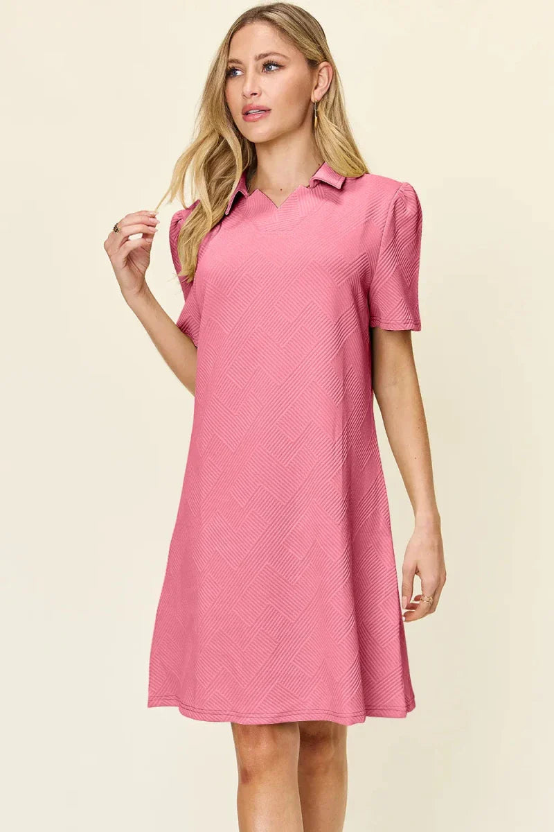 Textured Collared Neck Short Sleeve Mini Dress - Button Up A-Line Women's Casual