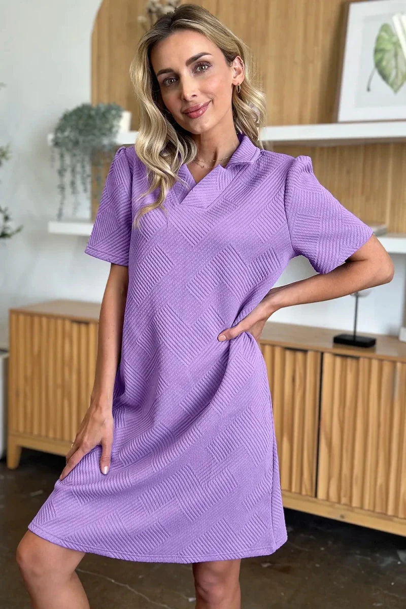 Textured Collared Neck Short Sleeve Mini Dress - Button Up A-Line Women's Casual