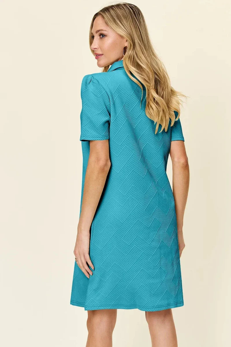 Textured Collared Neck Short Sleeve Mini Dress - Button Up A-Line Women's Casual