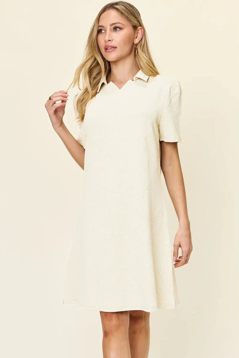 Textured Collared Neck Short Sleeve Mini Dress - Button Up A-Line Women's Casual