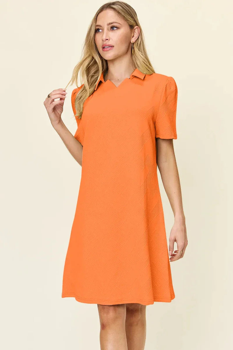 Textured Collared Neck Short Sleeve Mini Dress - Button Up A-Line Women's Casual
