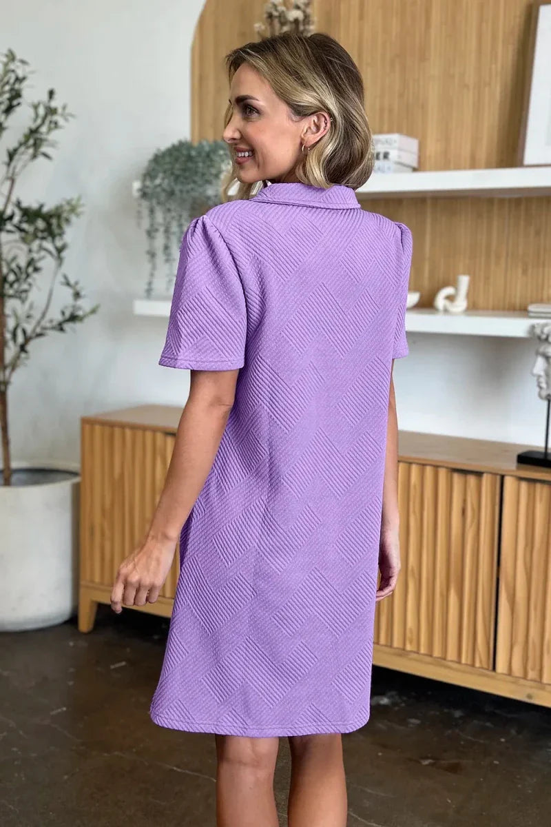 Textured Collared Neck Short Sleeve Mini Dress - Button Up A-Line Women's Casual