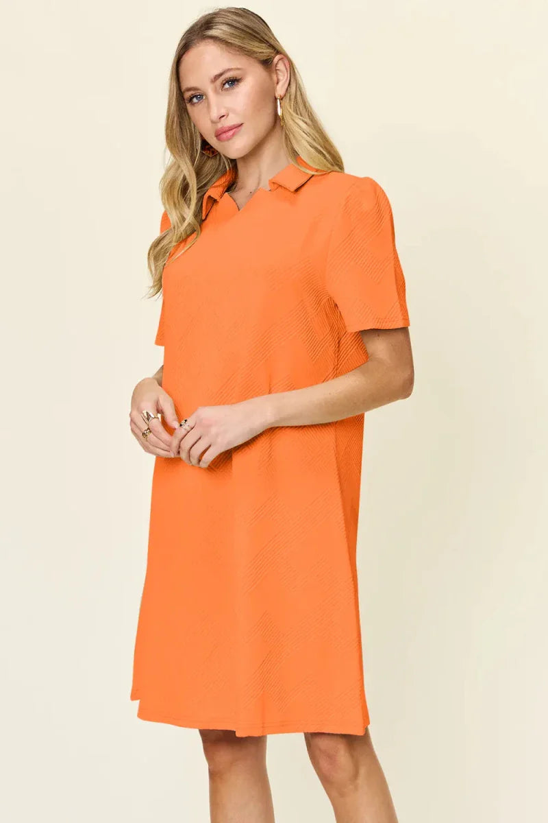 Textured Collared Neck Short Sleeve Mini Dress - Button Up A-Line Women's Casual