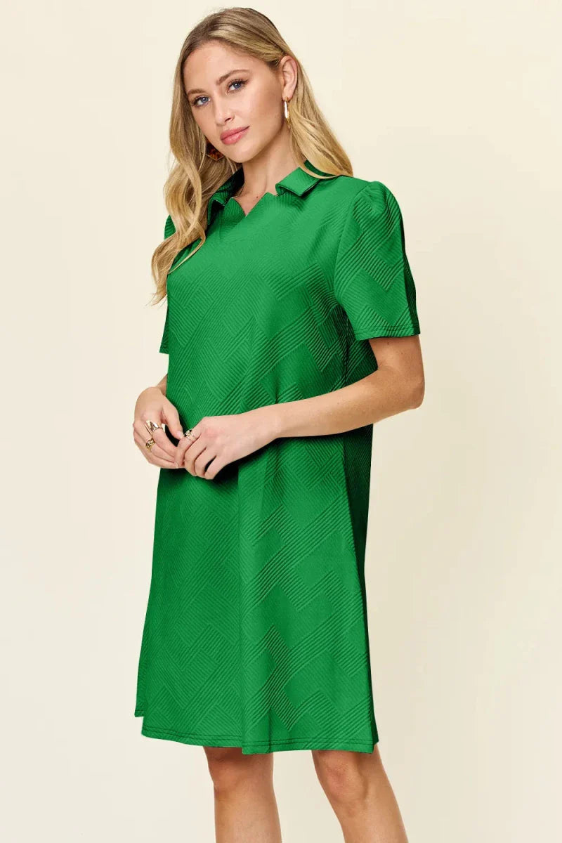Textured Collared Neck Short Sleeve Mini Dress - Button Up A-Line Women's Casual