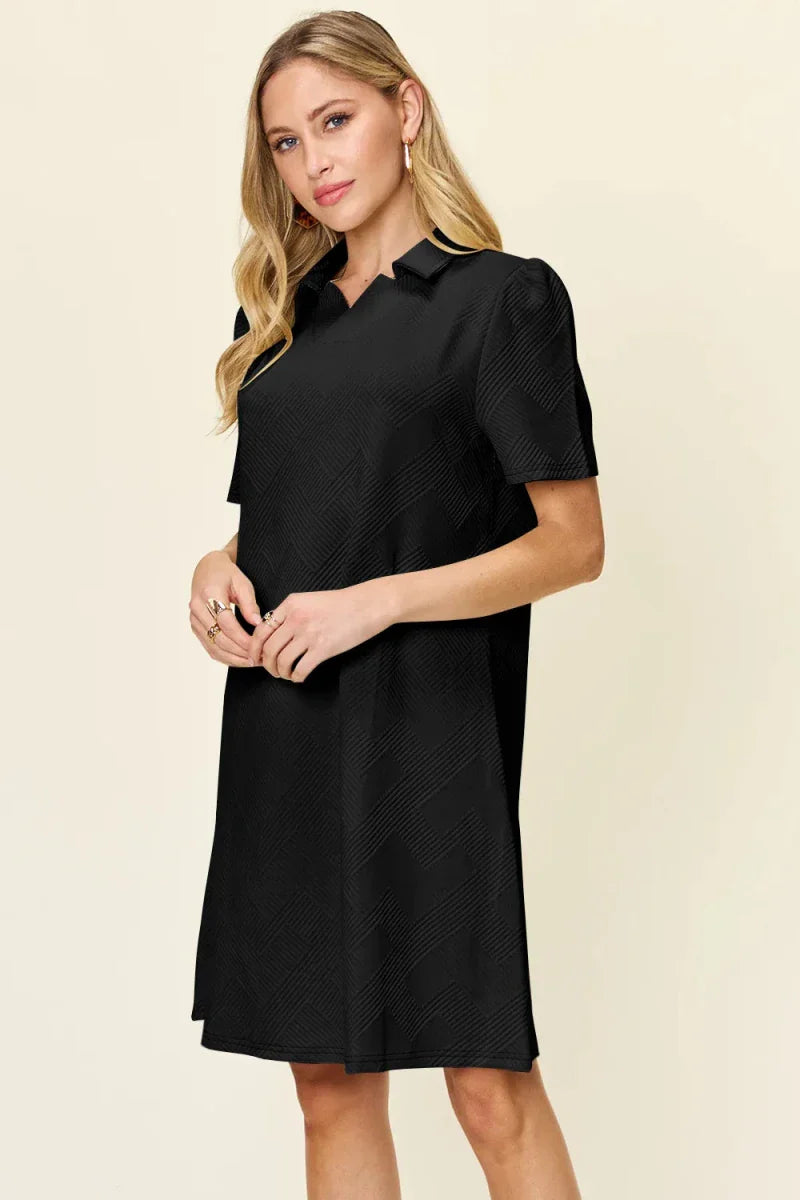 Textured Collared Neck Short Sleeve Mini Dress - Button Up A-Line Women's Casual