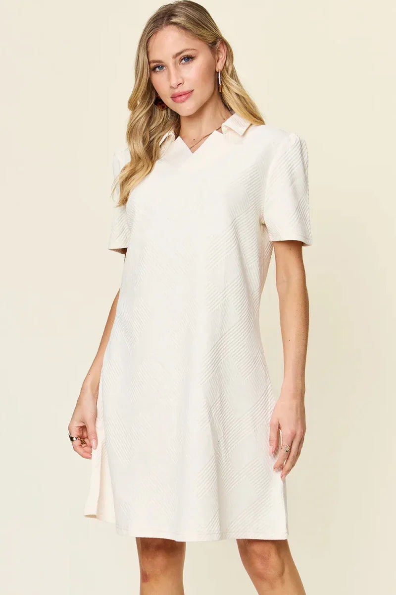 Textured Collared Neck Short Sleeve Mini Dress - Button Up A-Line Women's Casual