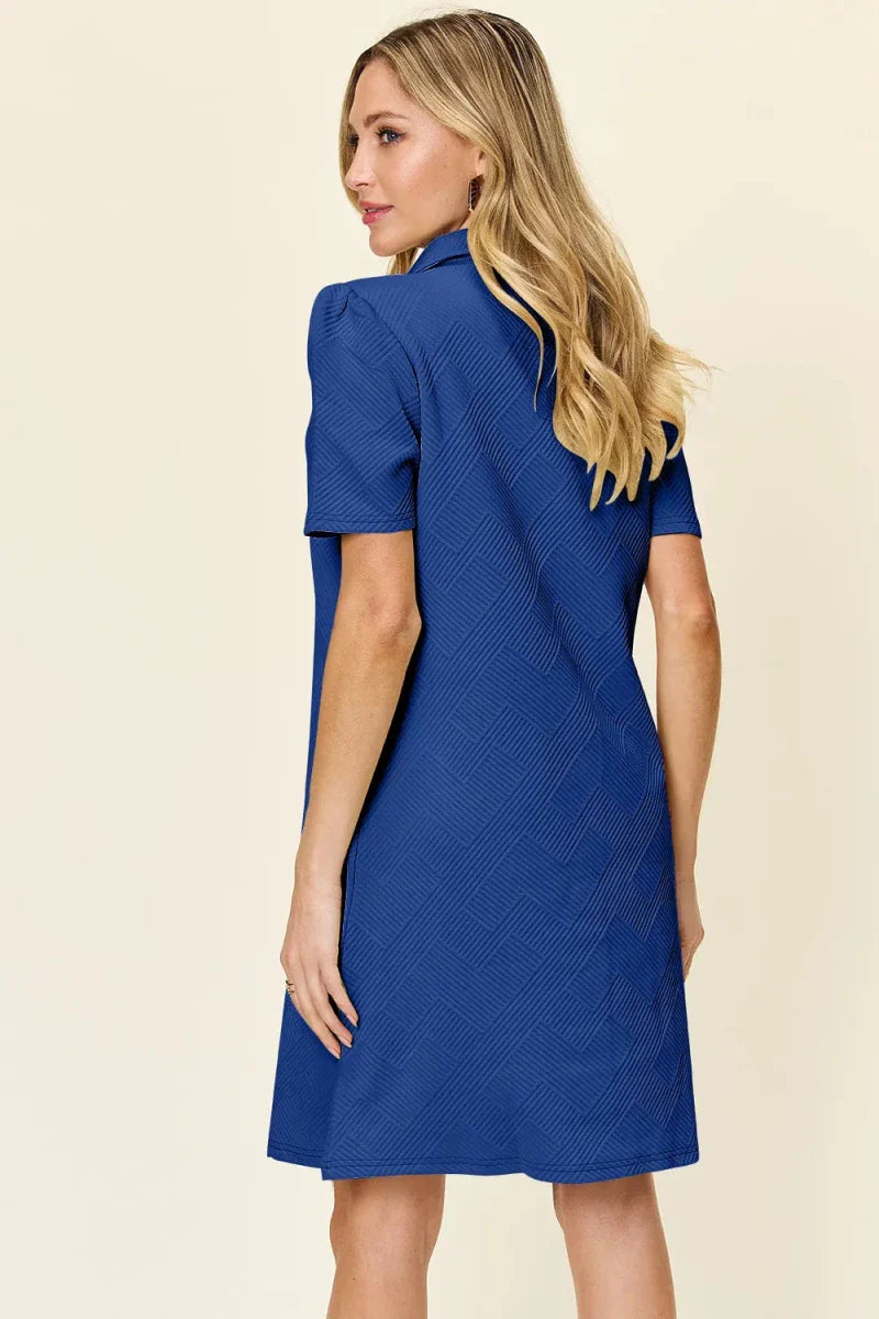 Textured Collared Neck Short Sleeve Mini Dress - Button Up A-Line Women's Casual