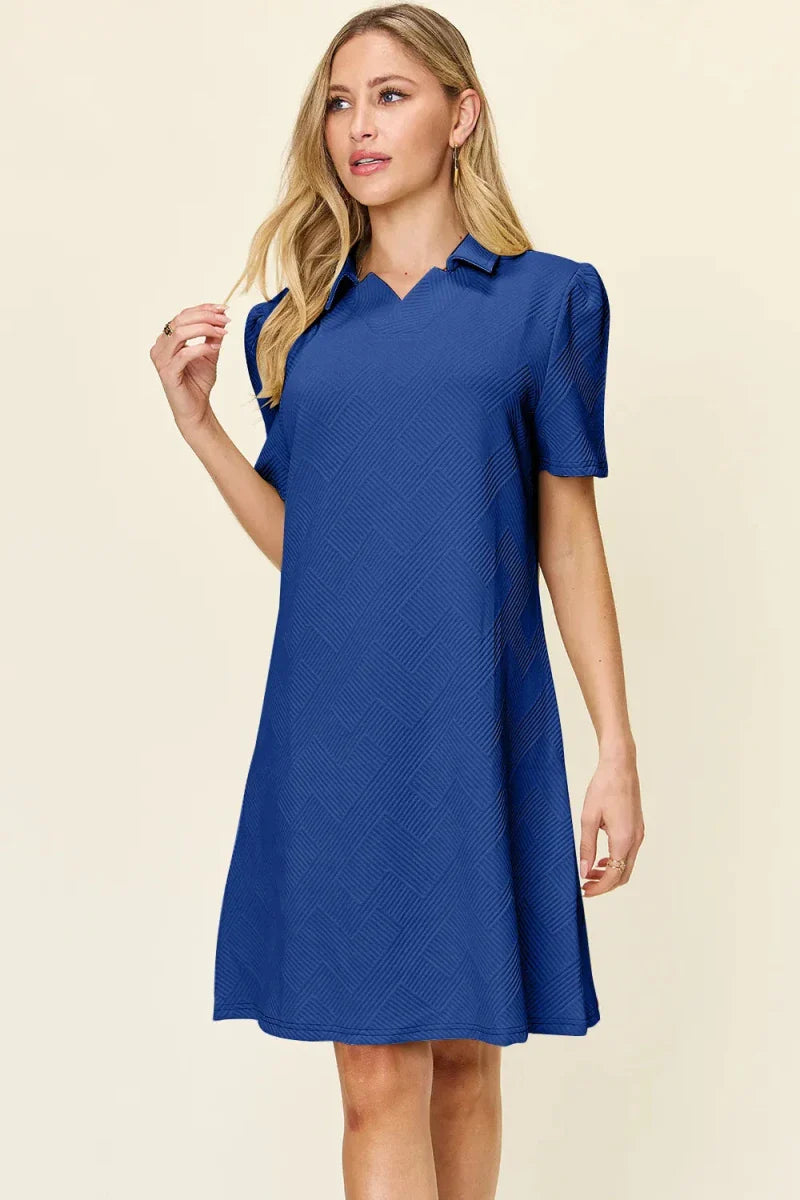 Textured Collared Neck Short Sleeve Mini Dress - Button Up A-Line Women's Casual