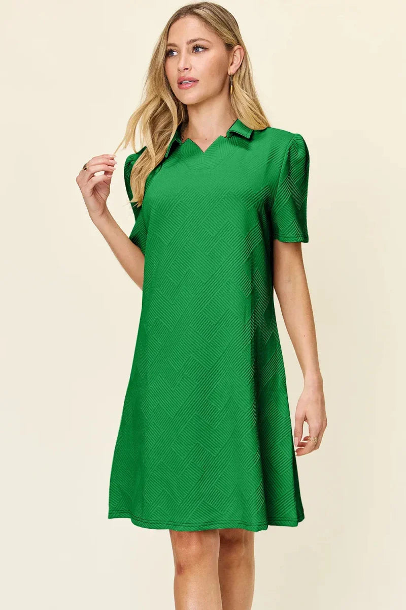 Textured Collared Neck Short Sleeve Mini Dress - Button Up A-Line Women's Casual