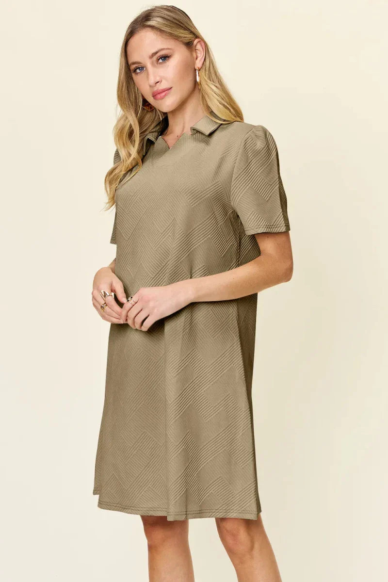 Textured Collared Neck Short Sleeve Mini Dress - Button Up A-Line Women's Casual