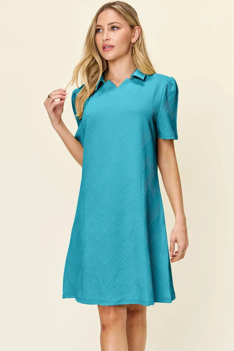 Textured Collared Neck Short Sleeve Mini Dress - Button Up A-Line Women's Casual