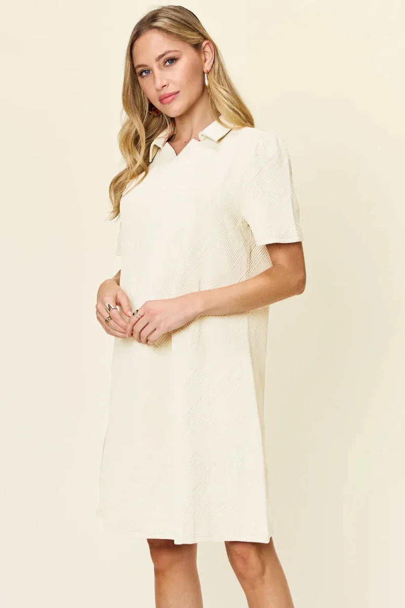 Textured Collared Neck Short Sleeve Mini Dress - Button Up A-Line Women's Casual