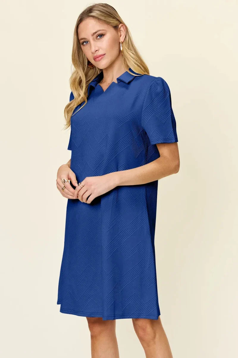 Textured Collared Neck Short Sleeve Mini Dress - Button Up A-Line Women's Casual