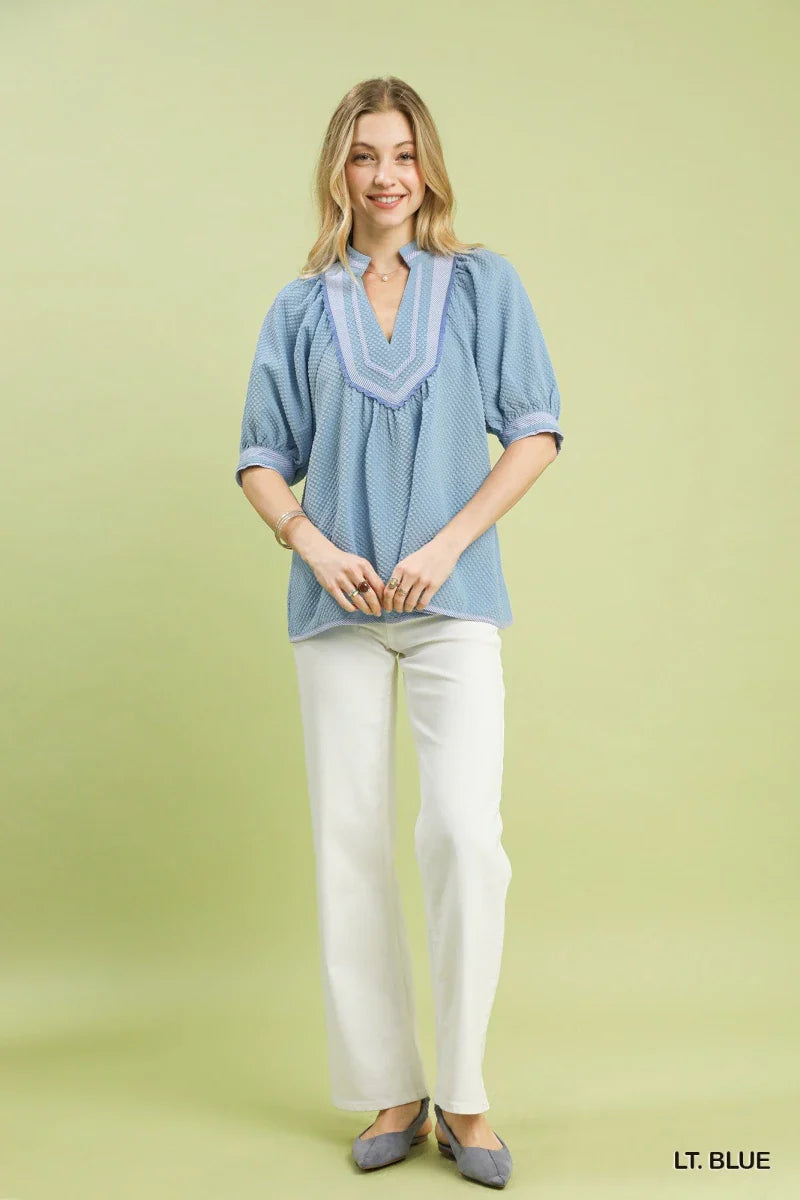 Women's Textured Jacquard Puff Sleeve Blouse with Contrast Trim