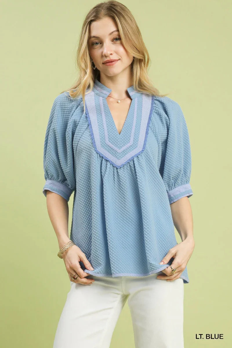 Women's Textured Jacquard Puff Sleeve Blouse with Contrast Trim