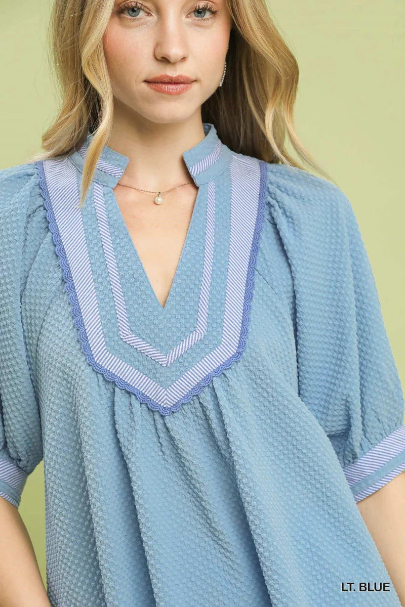 Women's Textured Jacquard Puff Sleeve Blouse with Contrast Trim