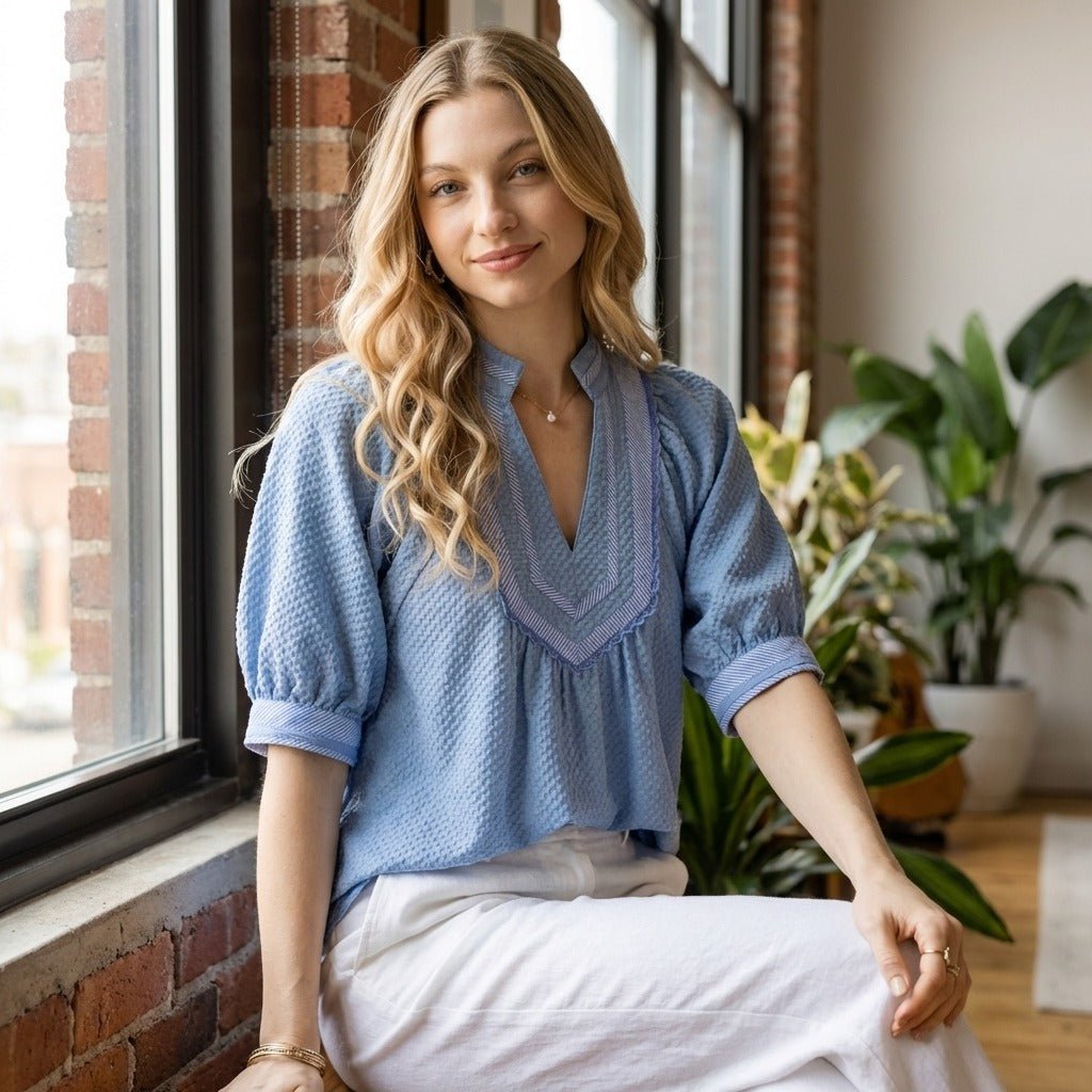 Women's Textured Jacquard Puff Sleeve Blouse with Contrast Trim