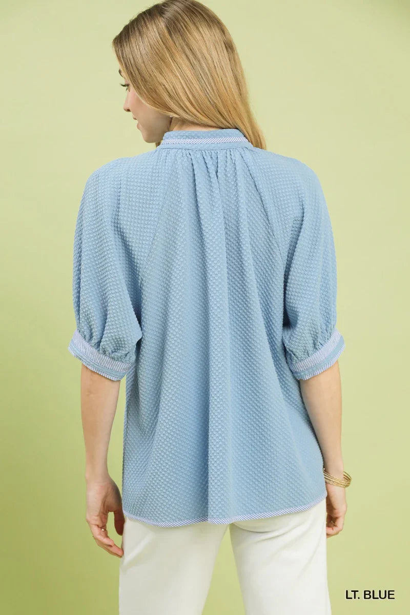 Women's Textured Jacquard Puff Sleeve Blouse with Contrast Trim