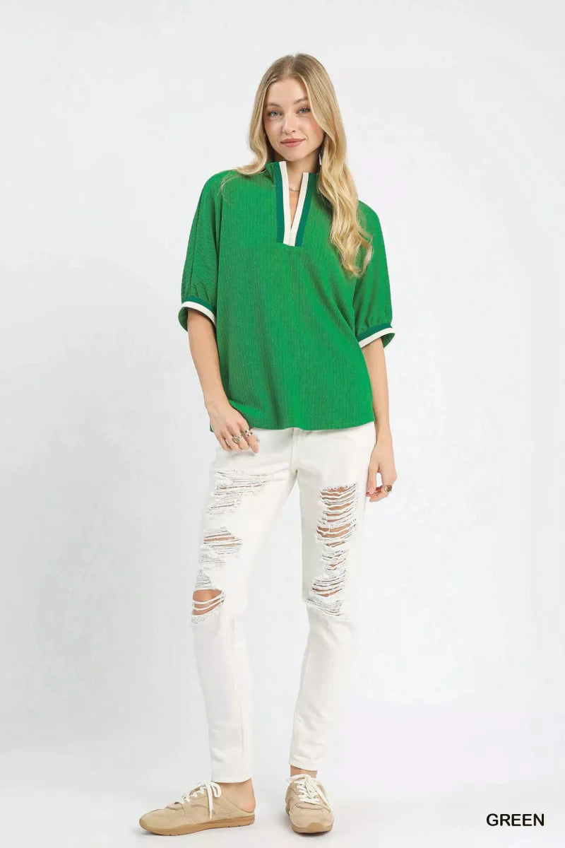 Top Textured Knit with Striped Trim Detail