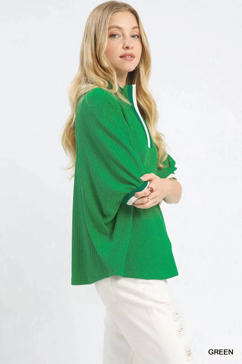 Top Textured Knit with Striped Trim Detail