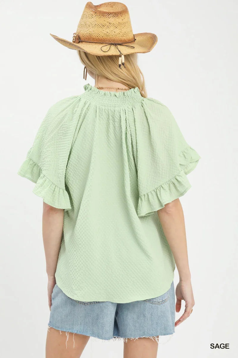 Women's Textured Ruffle Sleeve Blouse for Casual Outfits