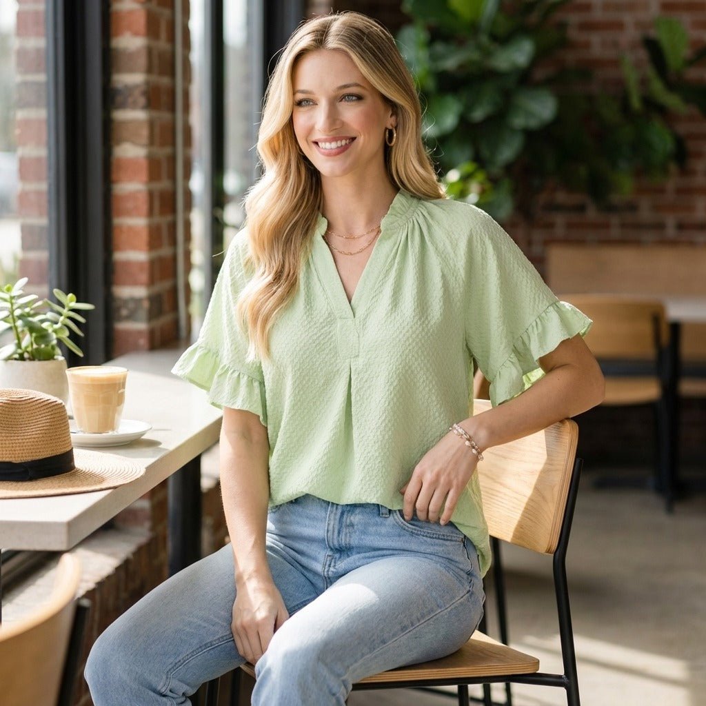 Women's Textured Ruffle Sleeve Blouse for Casual Outfits