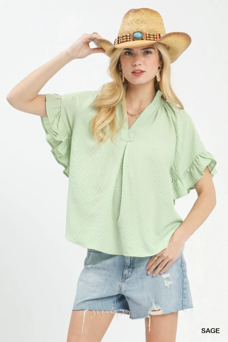 Women's Textured Ruffle Sleeve Blouse for Casual Outfits
