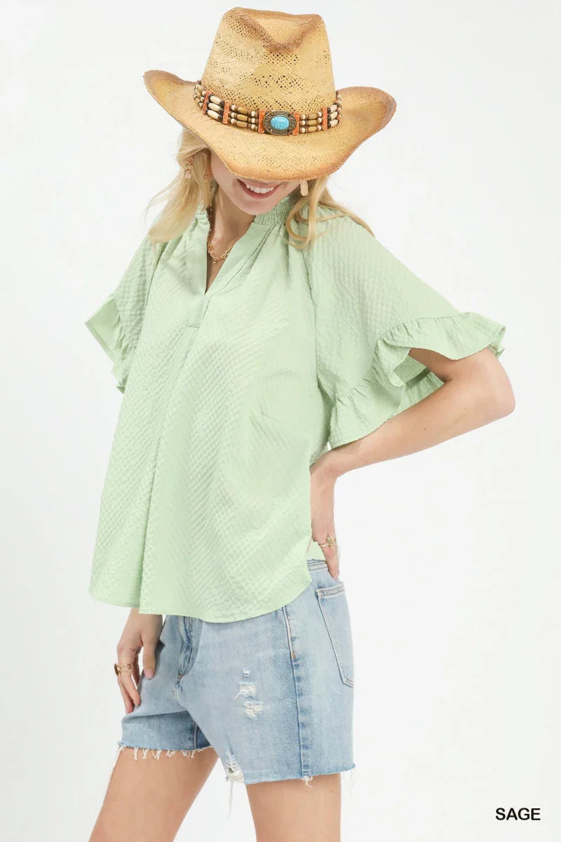 Women's Textured Ruffle Sleeve Blouse for Casual Outfits