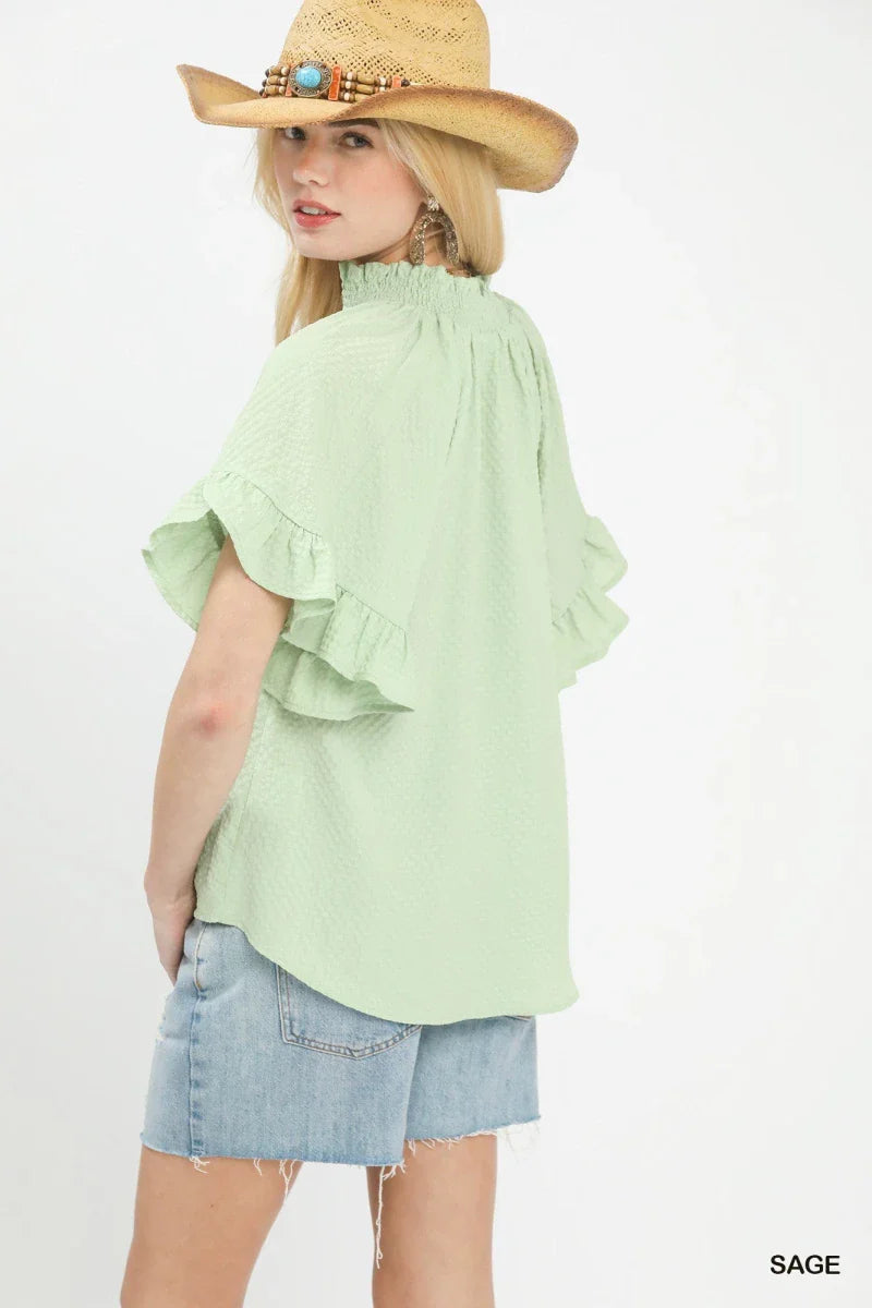 Women's Textured Ruffle Sleeve Blouse for Casual Outfits