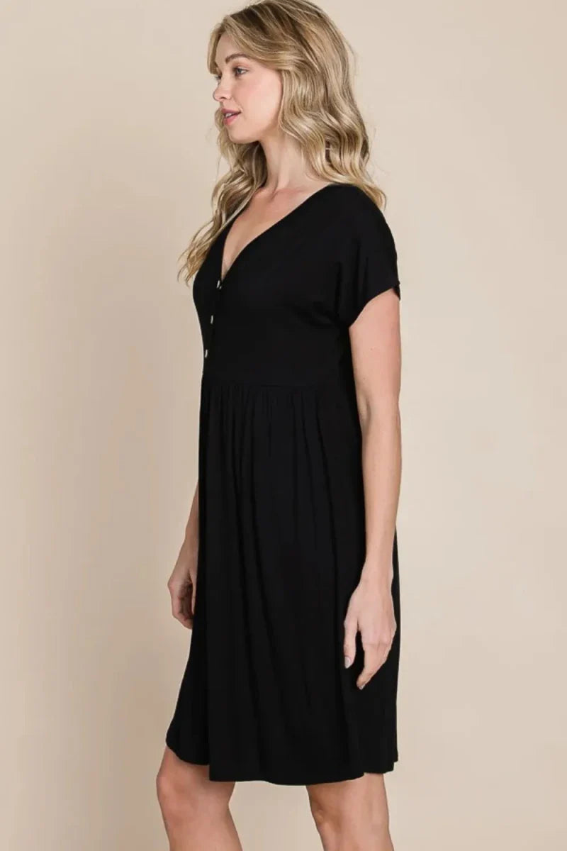 Black V-Neck Short Sleeve Mini Dress - Button Front Detail A-Line Women's Casual