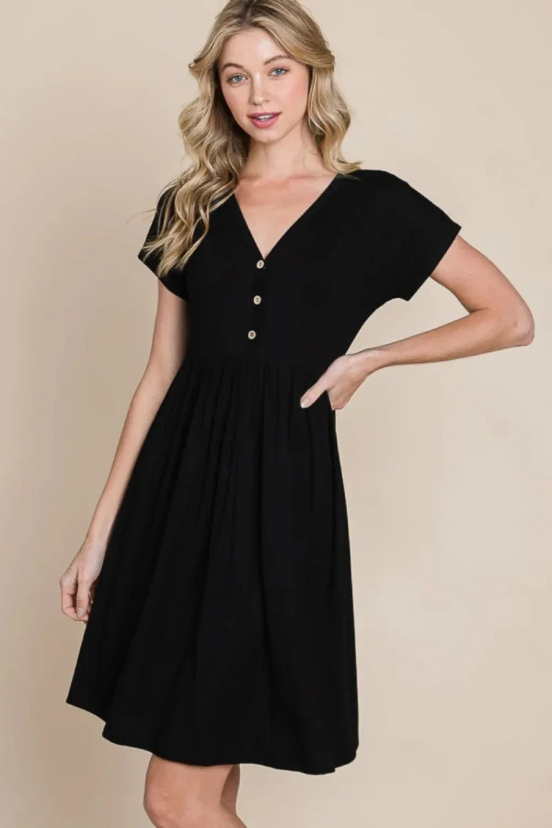 Black V-Neck Short Sleeve Mini Dress - Button Front Detail A-Line Women's Casual