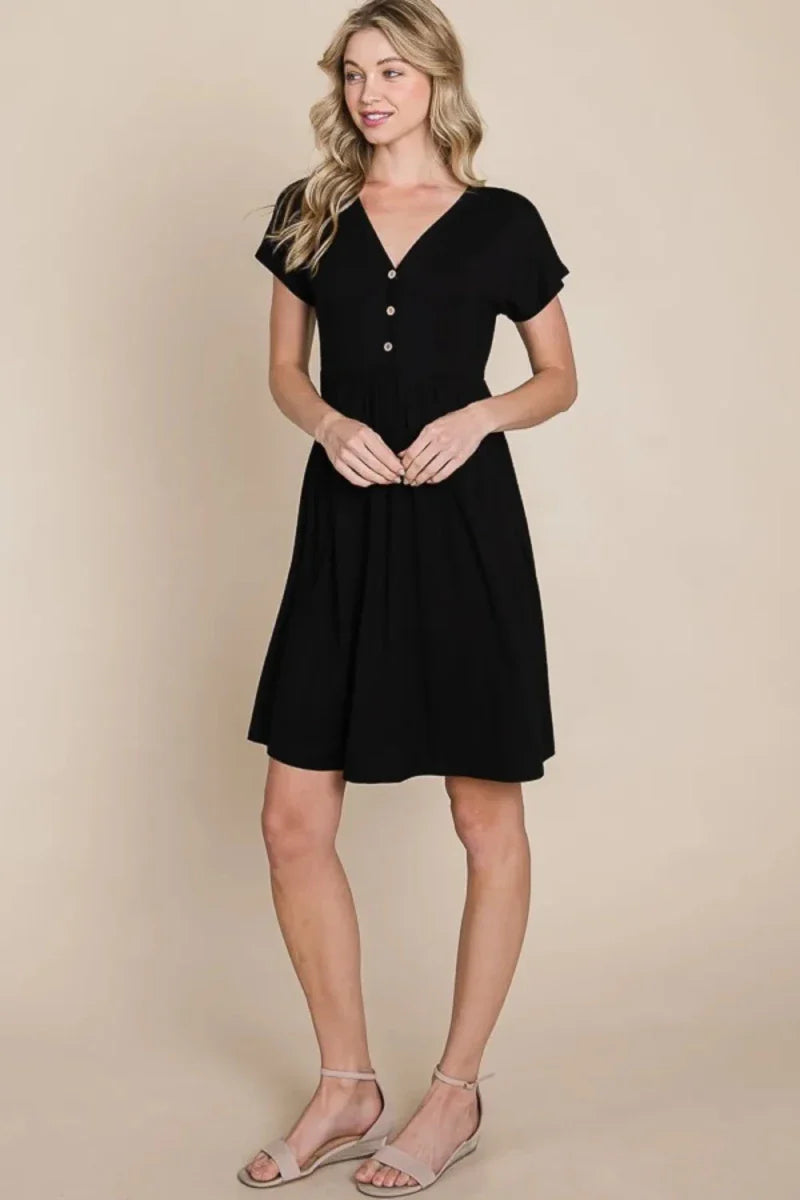 Black V-Neck Short Sleeve Mini Dress - Button Front Detail A-Line Women's Casual