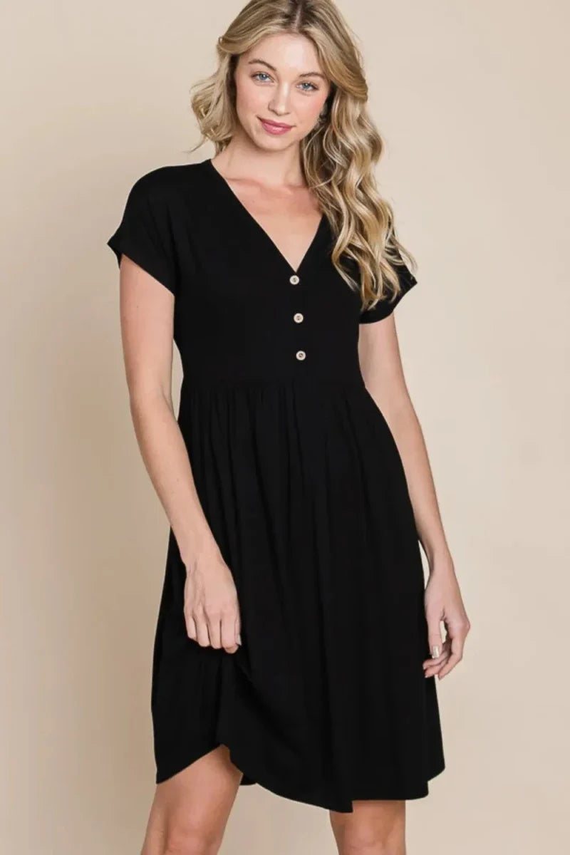 Black V-Neck Short Sleeve Mini Dress - Button Front Detail A-Line Women's Casual
