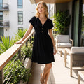 Black V-Neck Short Sleeve Mini Dress - Button Front Detail A-Line Women's Casual