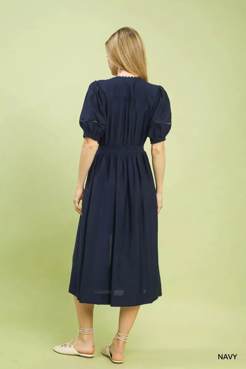 Women's Zip-Front Smocked Waist Midi Dress with Lace Detail