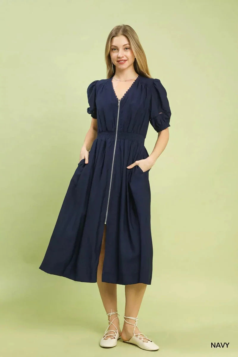 Women's Zip-Front Smocked Waist Midi Dress with Lace Detail