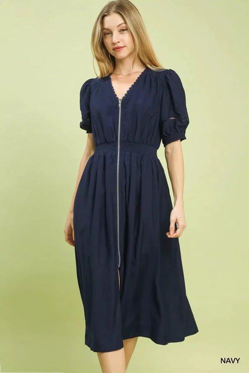 Women's Zip-Front Smocked Waist Midi Dress with Lace Detail