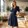 Women's Zip-Front Smocked Waist Midi Dress with Lace Detail