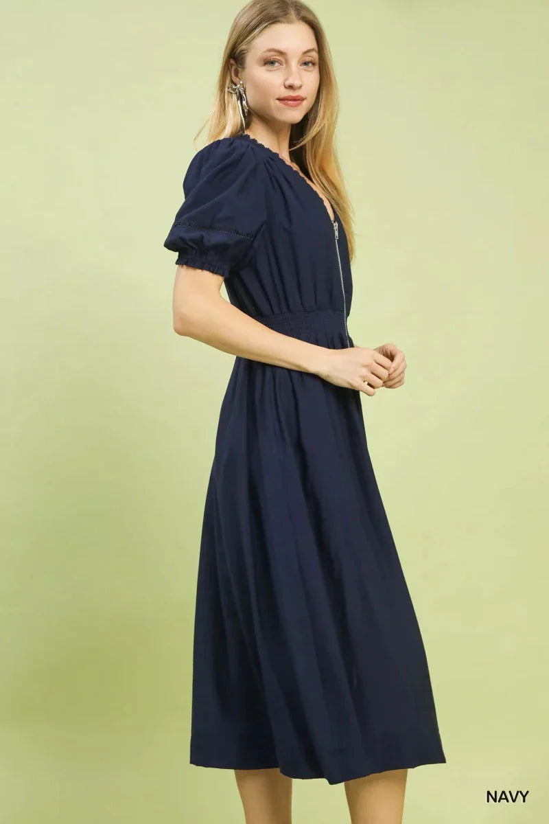 Women's Zip-Front Smocked Waist Midi Dress with Lace Detail