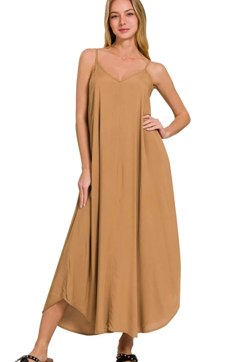 Woven Arc Hem Cami Dress With Pockets – Rayon Style